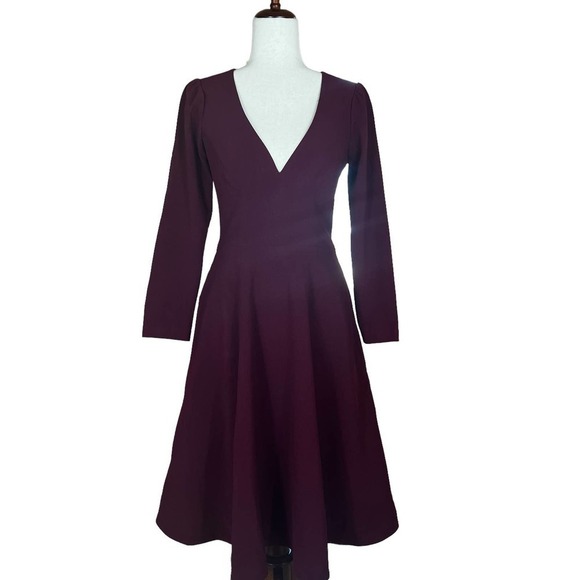 DRESS THE POPULATION CATRINE FIT & FLARE STRETCH CREPE MIDI DRESS BURGUNDY NWT - Picture 2 of 16
